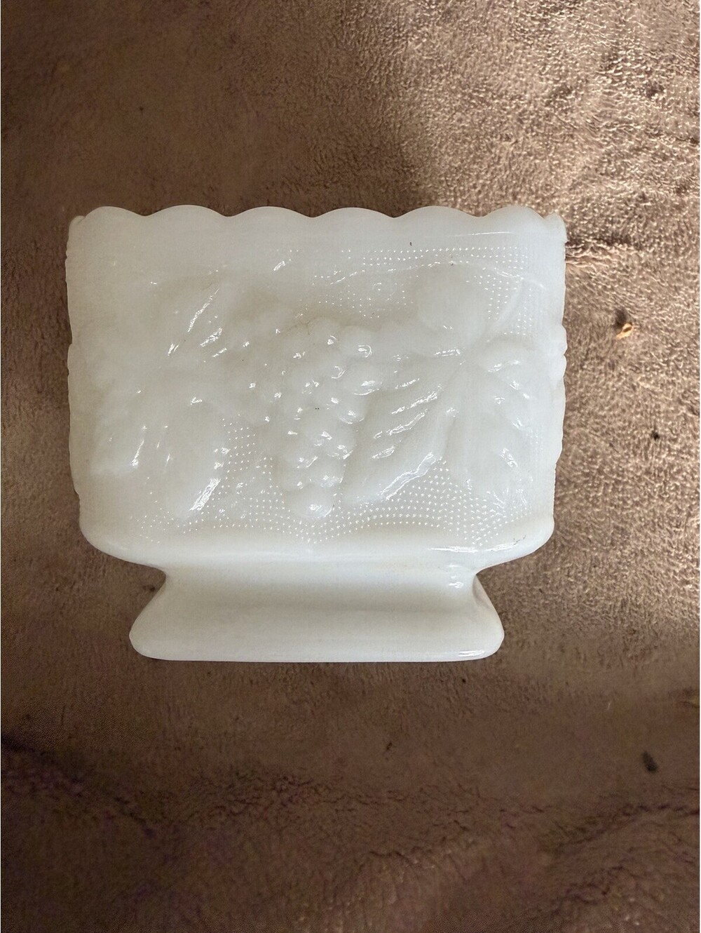 Vintage White Milk Glass Square Vase Embossed Grape Vines